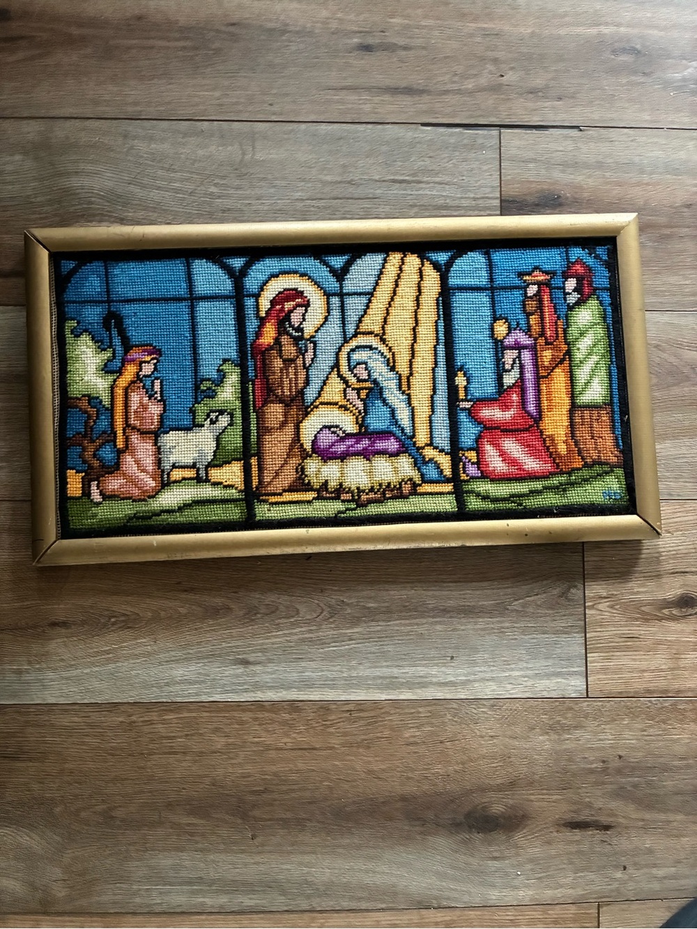 Vintage Mid Century Petti point Pettipoint Nativity Scene Wall Hanging Framed